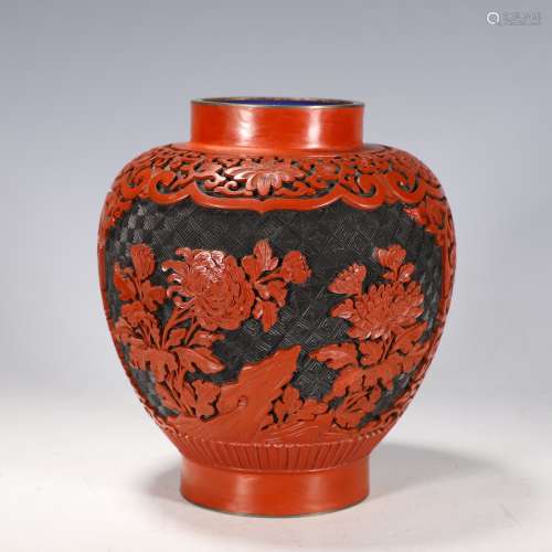 民國 銅胎黑紅雕漆茶葉罐