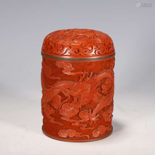 民國 銅胎雕紅漆龍紋蓋盒