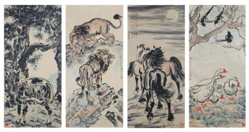 Four Pages of Chinese Scroll Painting By Xu Beihong