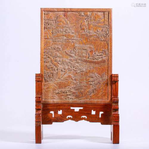 A Chinese Carved Aloeswood Table Screen Qing Dyn.