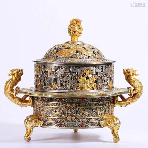 A Chinese Bronze Partly Gilt Incense Burner Qing Dyn.
