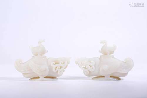 Pair Chinese Carved White Jade Beasts Qing Dyn.