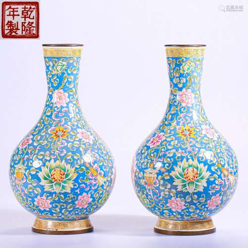 Pair Chinese Cloisonne Enamel Bottle Vases Qing Dyn.