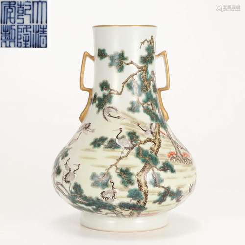 A Chinese Famille Rose Cranes Zun Vase Qing Dyn.