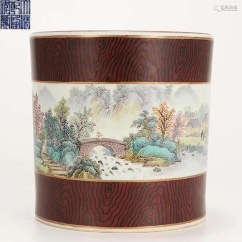 A Chinese Famille Rose Landscape Brushpot Qing Dyn.