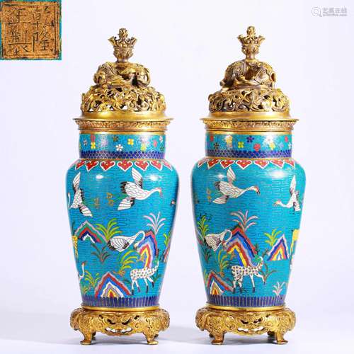 Pair Chinese Closionne Enamel Vases Qing Dyn.