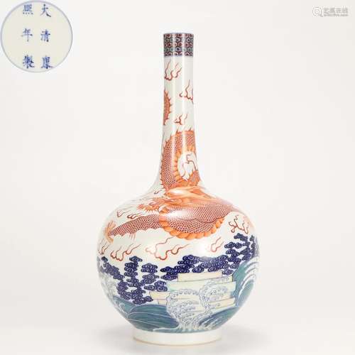 A Chinese Underglaze Blue and Iron Red Bottle Vase Qing