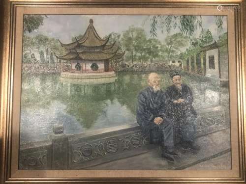CHINESE OIL PAINTING OF OLD MAN BY LAKE ON CANVAS