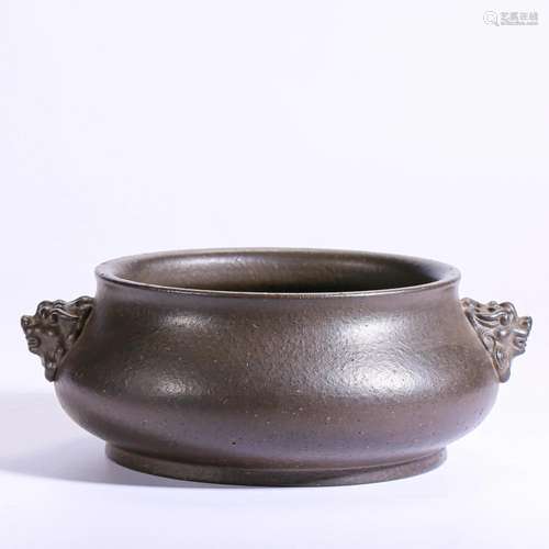 A Chinese Yixing Glaze Censer with Makala Handles Qing