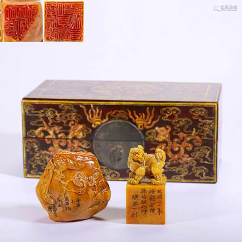 Two of Chinese Carved Soapstone Seals with Box Qing