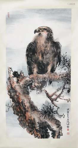 CHINESE SCROLL PAINTING OF EAGLE ON TREE SIGNED BY YANG