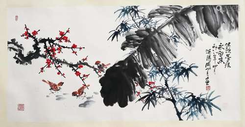 CHINESE SCROLL PAINTING OF BIRD AND FLOWER SIGNED BY