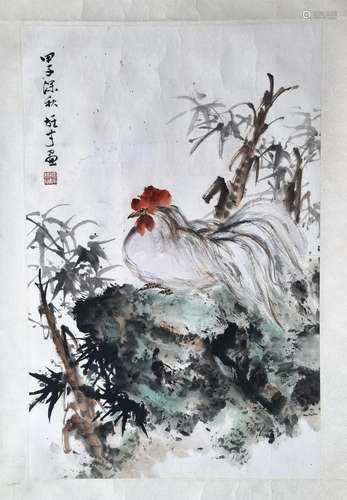 CHINESE SCROLL PAINTING OF ROOSTER ON ROCK SIGNED BY LI