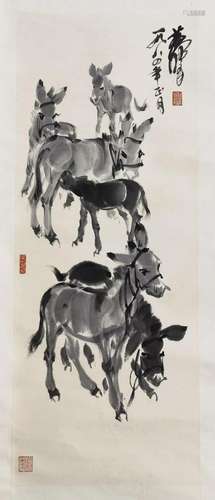 CHINESE SCROLL PAINTING OF DONKEY SIGNED BY HUANGZHOU