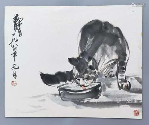 CHINESE SCROLL PAINTING OF CAT SIGNED BY HUANGZHOU