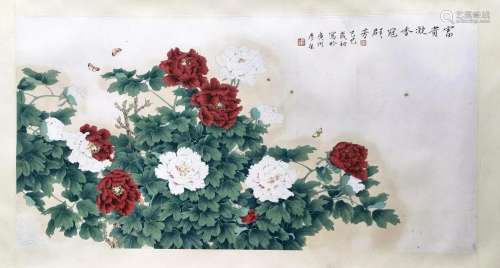 CHINESE SCROLL PAINTING OF FLOWER SIGNED BY ZHOU