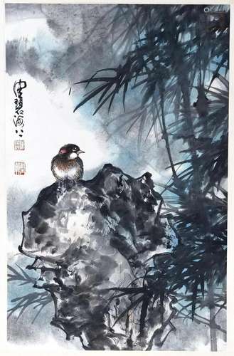 CHINESE SCROLL PAINTING OF BIRD AND BAMBOO SIGNED BY