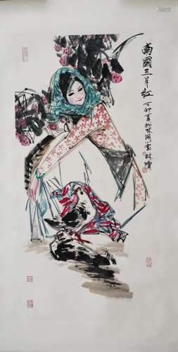 CHINESE SCROLL PAINTING OF GIRL WITH FLOWER SIGNED BY