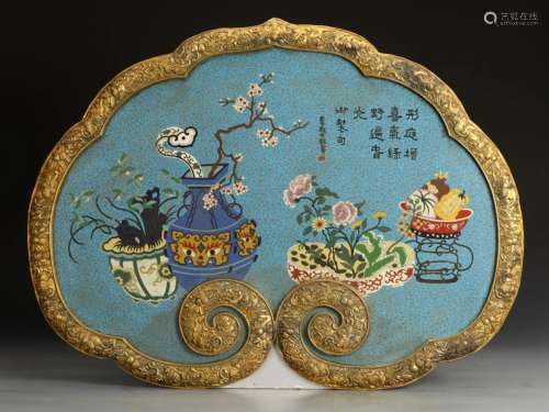 CHINESE CLOISONNE FLOWER IN VASE CLOUD SHAPED WALL