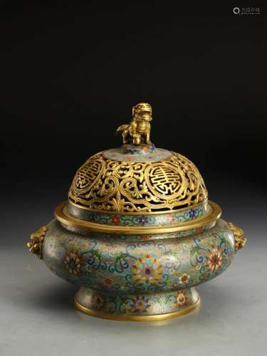 CHINESE CLOISONNE FLOWER LIDDED INCENSE CAGE
