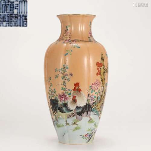 A Chinese Famille Rose Rooster Vase Qing Dyn.