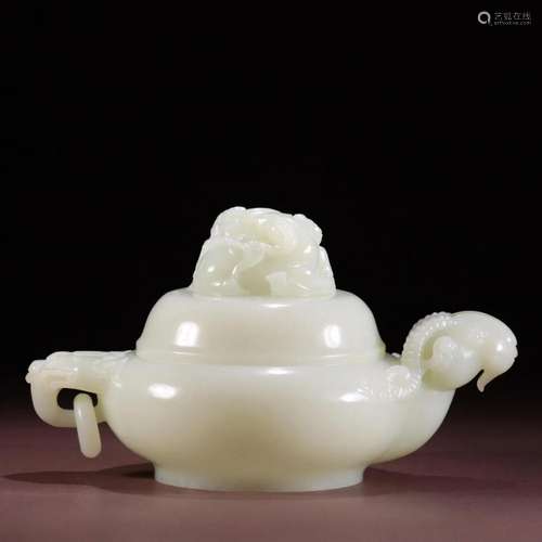 CHINESE WHITE JADE RAM LOOP HANDLED LIDDED KETTLE