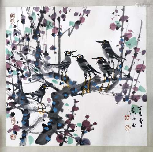 CHINESE SCROLL PAINTING OF BIRD ON TREE SIGNED BY HUANG