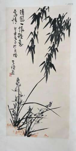 CHINESE SCROLL PAINTING OF BAMBOO AND ORCHID SIGNED BY