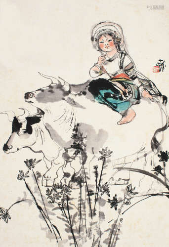 程十发（1921～2007） 牧牛图 立轴 设色纸本