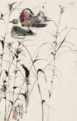 程十发（1921～2007） 秋草㶉鶒 镜框 设色纸本
