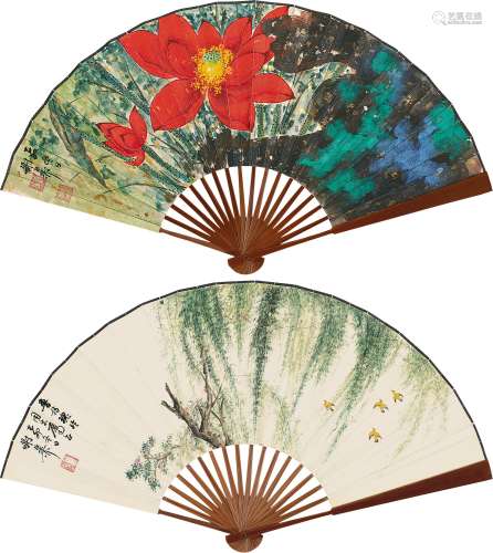 谢稚柳（1910～1997） 1975年作 红荷·春风柳燕 成扇 设色纸本