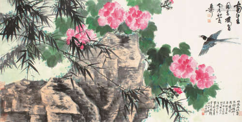 谢稚柳（1910～1997） 1976年作 芙蓉竹石引飞燕 镜片 设色纸本