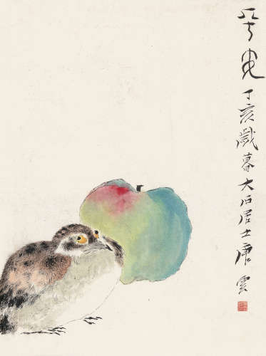 唐云（1910～1993） 1947年作 平安 镜框 设色纸本