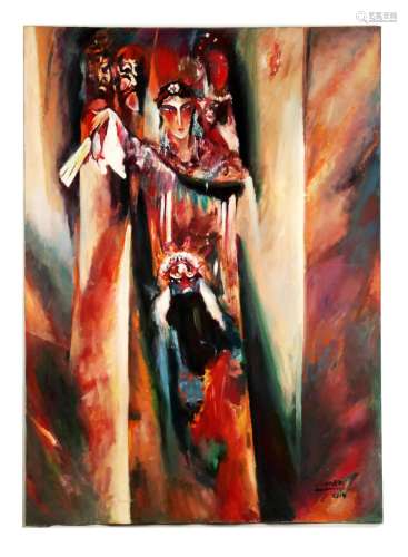 FINE OIL PAINTING DEPICTING PEKING OPERA CHARACTERS IN
