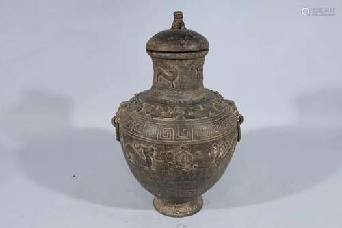 Large Archaistic Chinese Covered Ceramic Vase