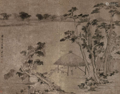 查士标（1615～1698） 湖边论道 镜片 水墨纸本