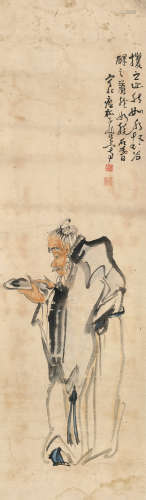 黄慎（1687～约1770） 赏砚图 镜框 设色纸本