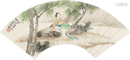 任薰（1835～1893） 仕女纳凉图 镜框 设色纸本