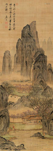 唐寅（1470～1523） 杏花飞瀑 立轴 设色绢本