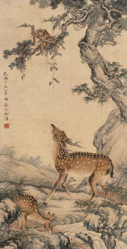沈铨（1682～1760） 1757年作 双鹿图 立轴 设色绢本