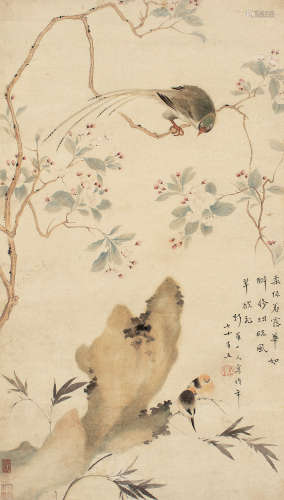华嵒（1682～1756） 海棠绶带 立轴 设色纸本