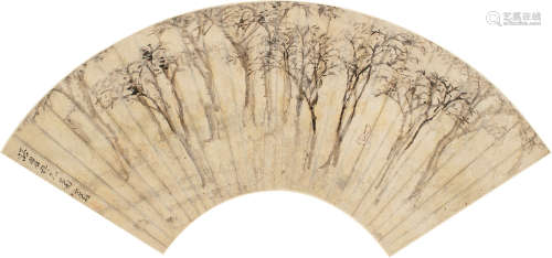 虚谷（1823～1896） 秋林闲步 镜框 设色纸本