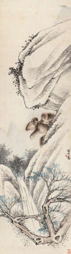 任预（1853～1901） 山中猴戏 立轴 设色纸本
