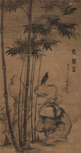 竹禅法师（1825～1901） 竹石八哥 立轴 设色纸本