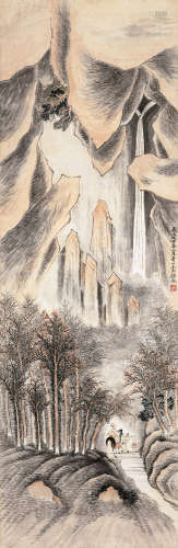 任预（1853～1901） 1888年作 秋山鸣泉 立轴 设色纸本