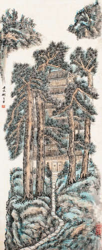 胡若思（1916～2004） 深林古寺 立轴 设色纸本