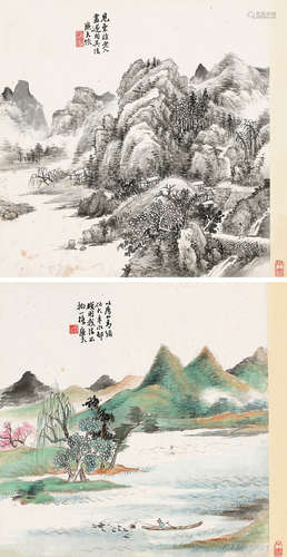 陆恢（1851～1920） 春溪泛舟·幽居山林 （二帧） 镜片 设色 水墨纸本