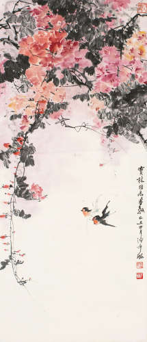 张辛稼（1909～1991） 1985年作 春风双燕 镜片 设色纸本