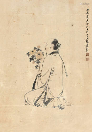 张大千（1899～1983） 1940年作 高士赏菊图 镜框 设色纸本