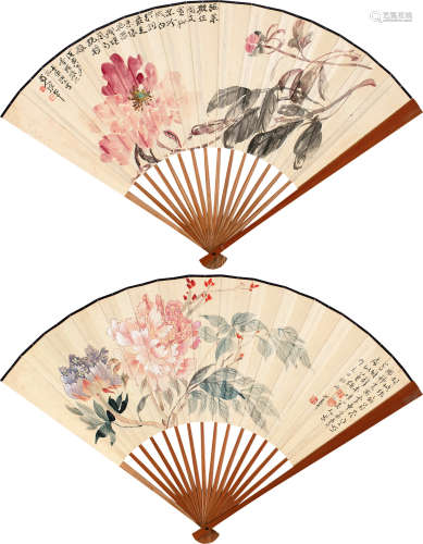 张大千（1899～1983）陈小翠（1907～1968） 富贵牡丹 牡丹 成扇 设色纸...
